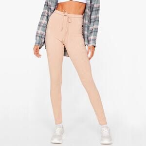 Nasty Gal High Rise Nude Tan Beige Ribbed Knit Jogger Pants Leggings 4 Small